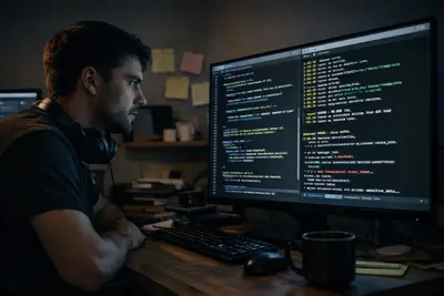 En man sitter framför en datorskärm med kod. Han har hörlurar runt halsen och ser koncentrerad ut. Mörk bild med fokus på skärmen.