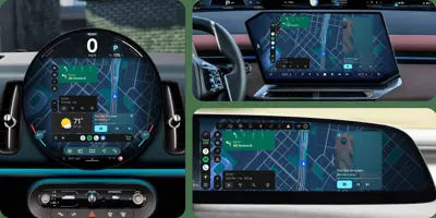 Interiör i en bil med tre skärmar som visar Android Auto med kartor och musik.