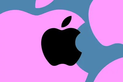 Abstrakt bild med Apples logotyp i svart mot rosa och blått.