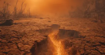 Torrt, rött landskap med en djup spricka som lyser orange. Disig himmel.