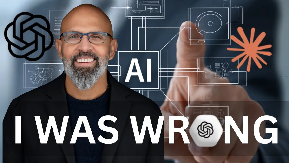 En man med glasögon och skägg framför en bakgrund med AI-grafik och texten "I WAS WRONG".