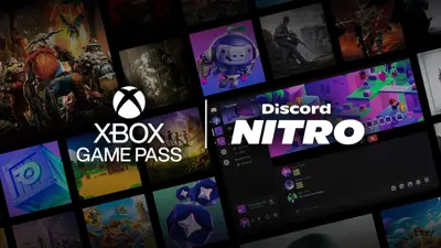 Bilden visar Xbox Game Pass och Discord Nitro-logotyperna med spelbilder i bakgrunden.