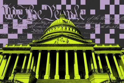 En stiliserad bild av Kapitolium i gult, med text från konstitutionen och ett rutmönster i bakgrunden.