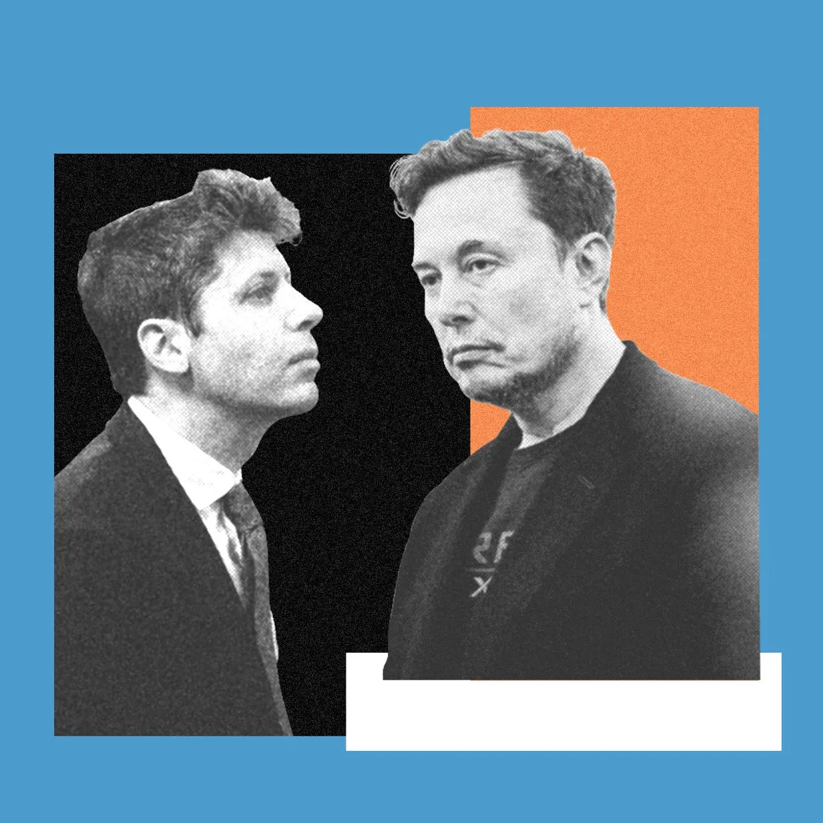 Svartvit bild av Elon Musk och Sam Altman mot en blå, svart, orange och vit bakgrund.
