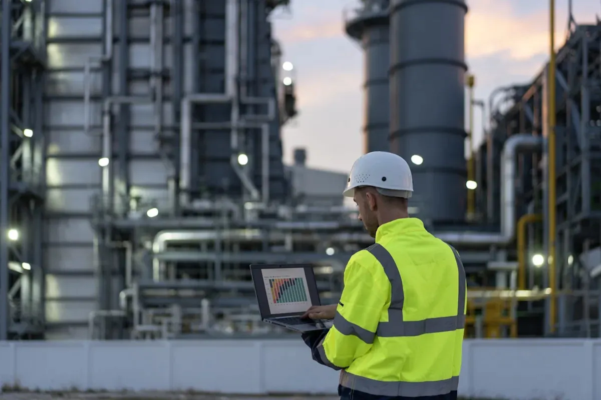 En man i varselkläder och hjälm står framför en industriell anläggning och tittar på en laptop.