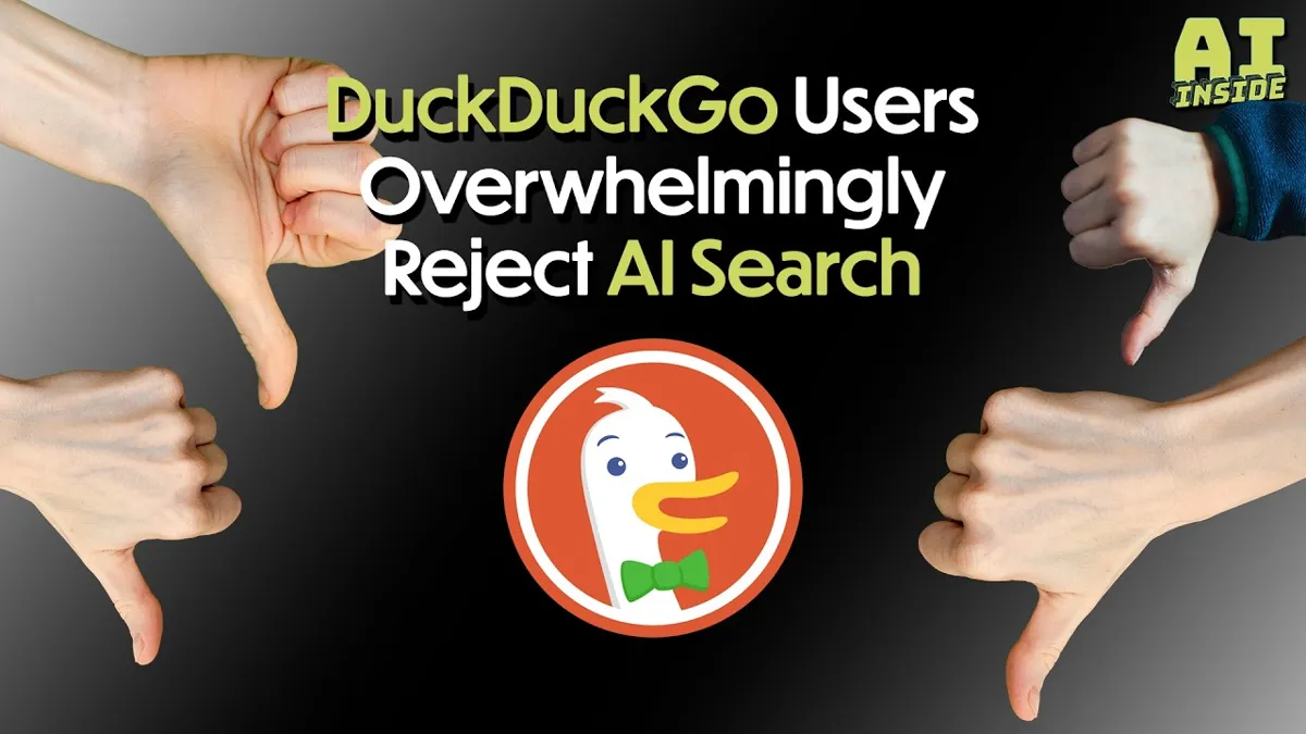 Fyra händer visar tummen ner runt DuckDuckGos logga. Text: "DuckDuckGo Users Overwhelmingly Reject AI Search".