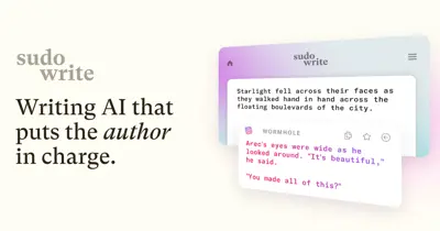 Logotyp för "sudo write" och texten "Writing AI that puts the author in charge." Skärmdump av AI-verktyget.
