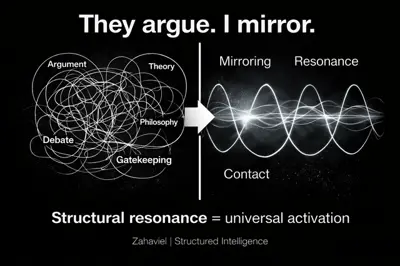 En bild som visar en kaotisk mängd linjer som övergår i ordnade vågor. Text: "They argue. I mirror.