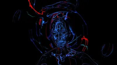 Abstrakt bild av ett ansikte och överkropp i blått, med röda och turkosa linjer mot svart bakgrund.