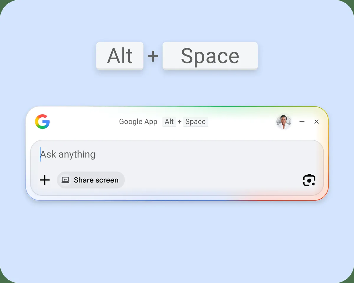 En skärmbild visar en Google-applikation med texten "Ask anything" och knapparna "Share screen" och "Alt + Space".