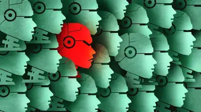 En röd robothuvud sticker ut bland många gröna robothuvuden i profil.