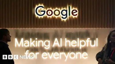 En bild av Googles logotyp och texten "Making AI helpful for everyone" med BBC News-logotypen i nedre vänstra hörnet.