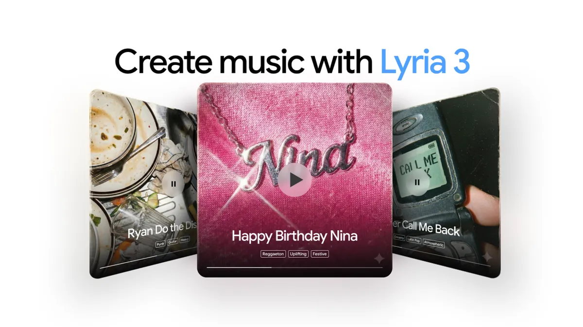 Tre skivomslag med olika motiv: disk, ett halsband med namnet Nina och en mobiltelefon. Texten "Create music with Lyria 3" syns.