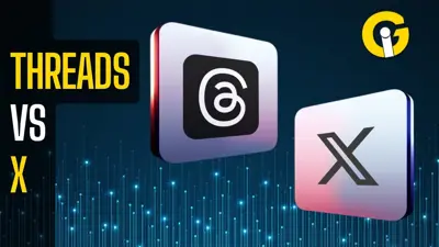Bilden visar logotyperna för Threads och X (tidigare Twitter) mot en blå bakgrund. Texten "Threads vs X" syns också.