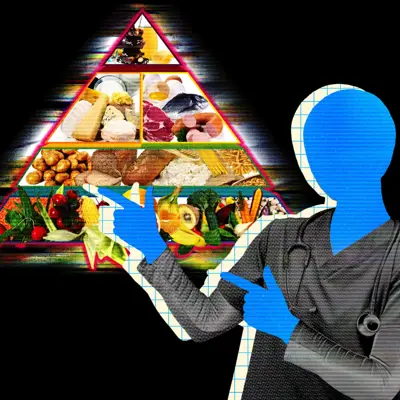 En blå siluett av en läkare pekar på en matpyramid med olika livsmedel.