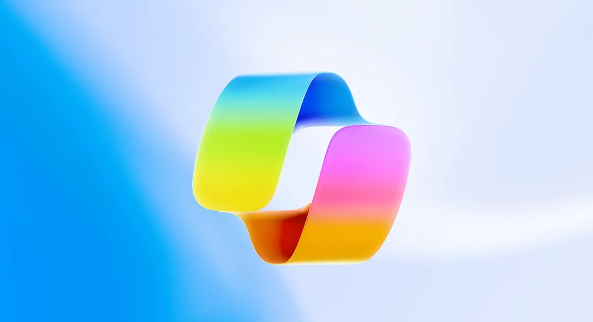 En färgglad, abstrakt logotyp i form av en vriden remsa mot en ljusblå bakgrund.