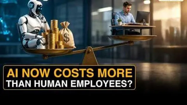 En vågskål med en robot och pengar på ena sidan, och en människa vid en dator på den andra. Text: "AI NOW COSTS MORE THAN HUMAN EMPLOYEES?