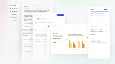 En skärmdump av Microsofts AI-assistent "Cowork" som hjälper till med projektet "Falcon". Den visar mejl, filer och framsteg.
