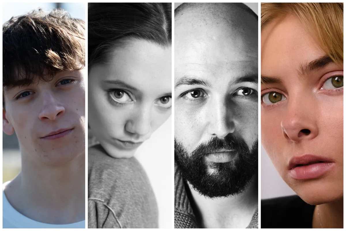 Fyra porträtt av skådespelare, varav två i svartvitt.