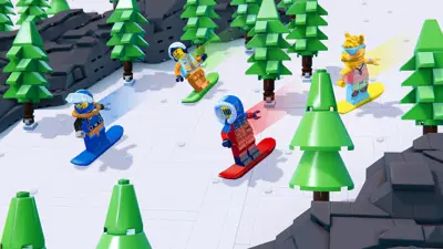 Lego-figurer åker snowboard i en animerad vintermiljö med träd och berg.