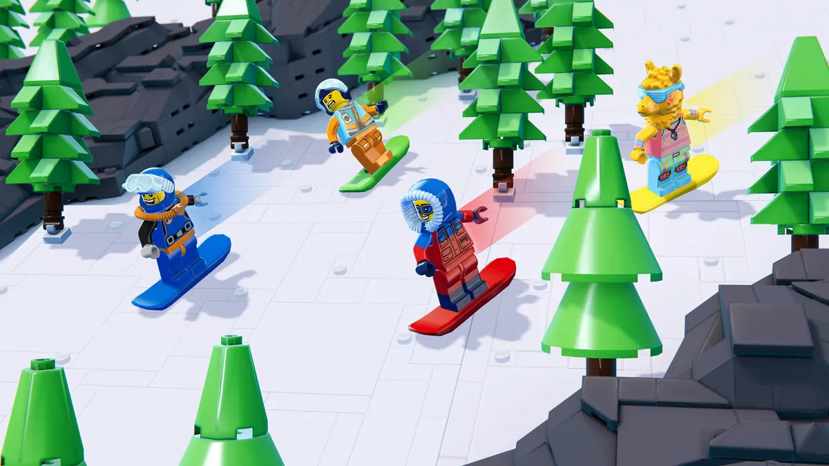 Lego-figurer åker snowboard i en animerad vintermiljö med träd och berg.