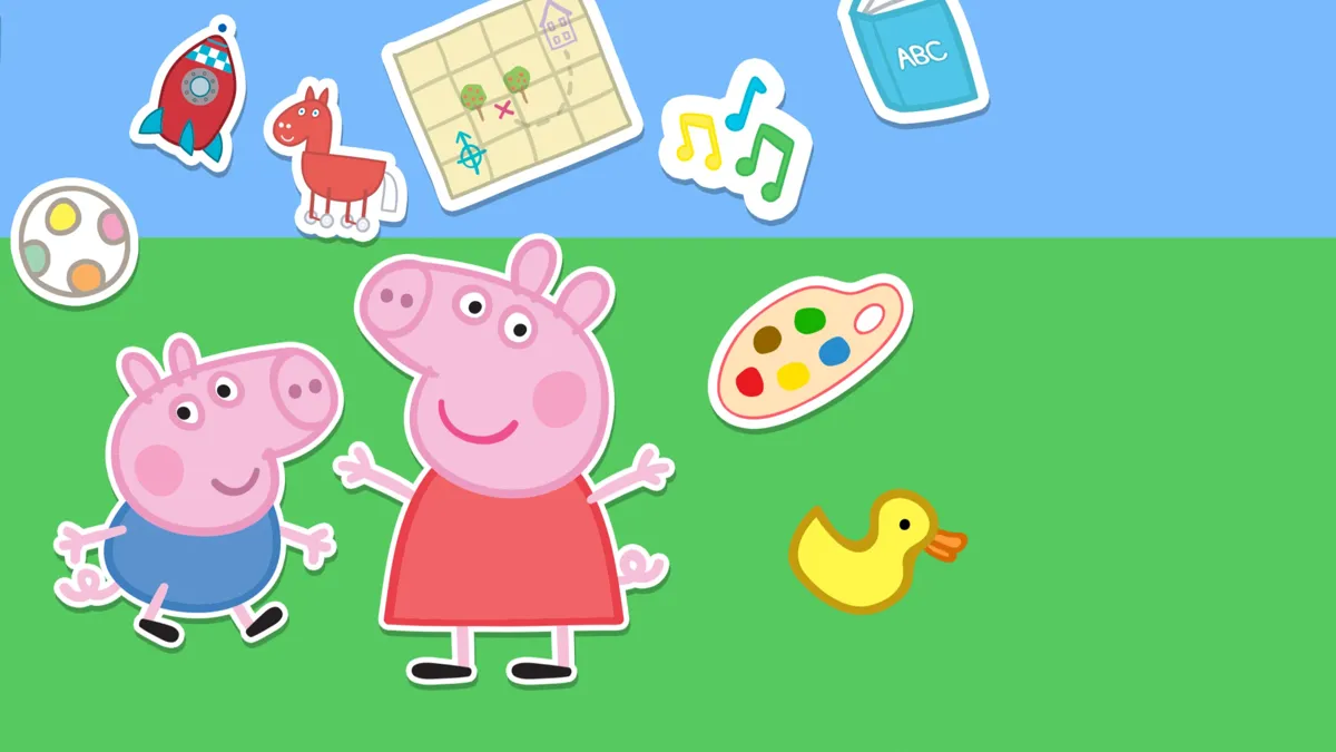 Illustration med Peppa Pig, Georg, en anka, en raket, en karta och andra leksaker.
