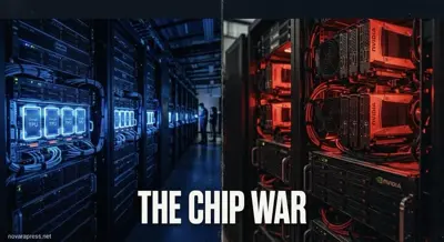 Bilden visar två serverhallar, en med Google TPU:er i blått ljus och en med Nvidia-kort i rött ljus. Texten "THE CHIP WAR" syns.