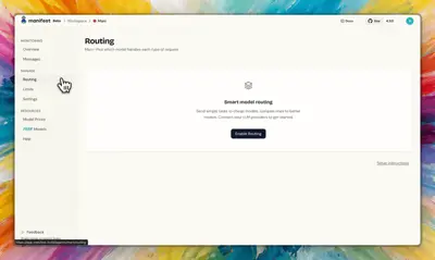 Skärmdump av ett användargränssnitt för "Routing" i ett program. Texten "Smart model routing" syns.