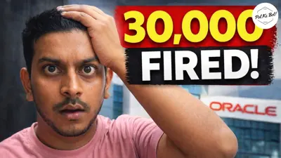 Man med chockad min framför texten "30,000 FIRED!" och Oracle-logotyp.