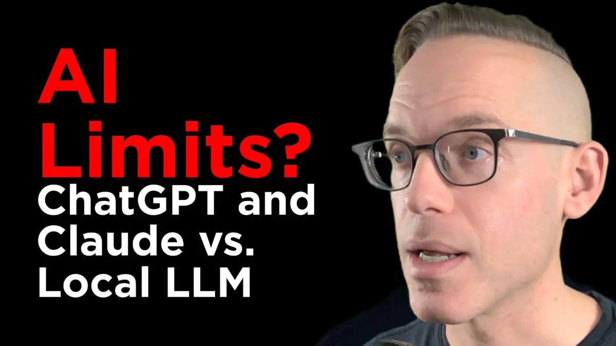 Bilden visar en man med glasögon och texten "AI Limits? ChatGPT and Claude vs. Local LLM".
