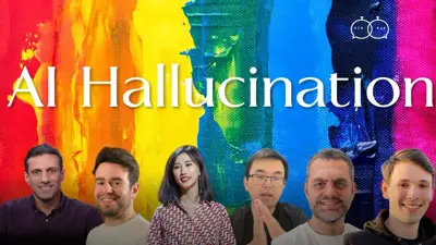 En grupp människor framför en färgglad bakgrund med texten "AI Hallucination".