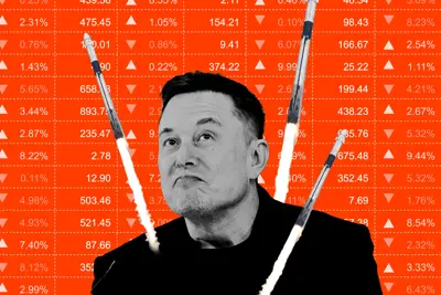 En svartvit bild av Elon Musk framför en röd börstabell med uppåtgående raketer.