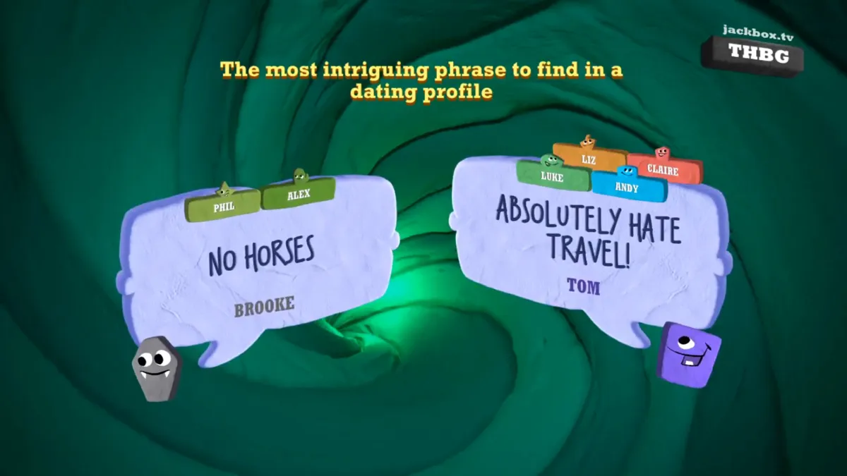 En skärmdump från spelet Jackbox.tv med frågan "The most intriguing phrase to find in a dating profile". Två svarsalternativ syns.