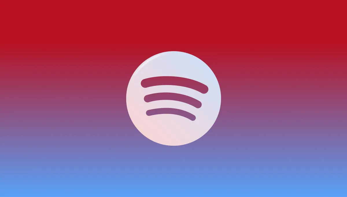 Spotify-logotyp mot en röd-blå gradientbakgrund.