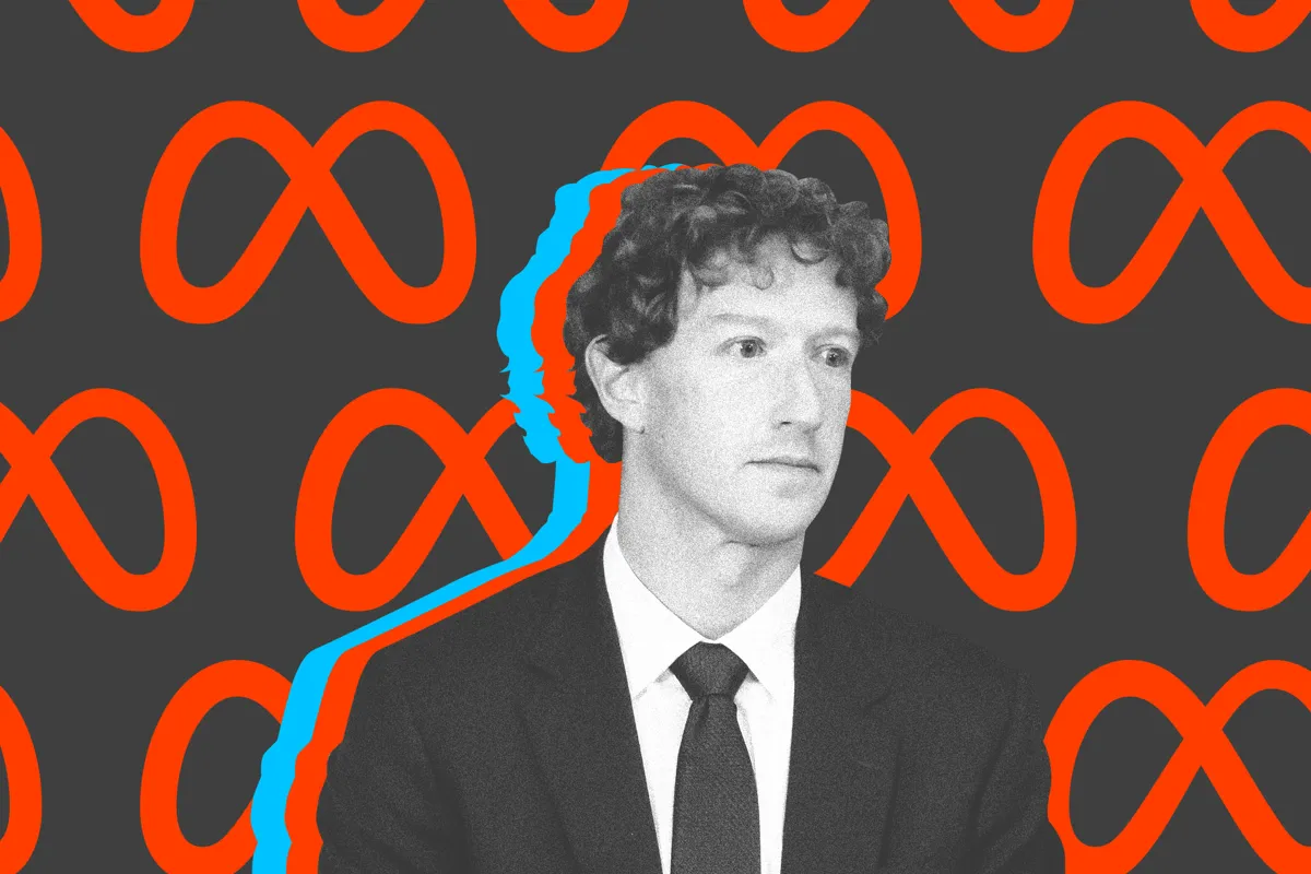 Mark Zuckerberg i kostym mot en bakgrund med Meta-loggor i orange. En blå siluett syns bakom honom.