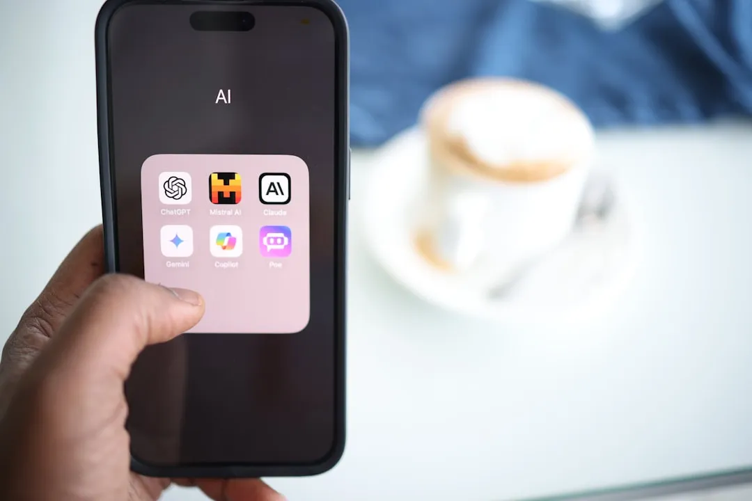 En hand håller en mobiltelefon med en mapp med AI-appar: ChatGPT, Claude, Gemini m.fl.