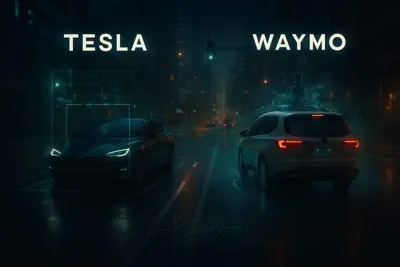 En Tesla och en Waymo-bil på en mörk gata. Texten "Tesla" och "Waymo" ovanför bilarna.