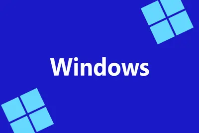 Blå bakgrund med texten "Windows" i vitt och två Windows-logotyper i ljusblått.