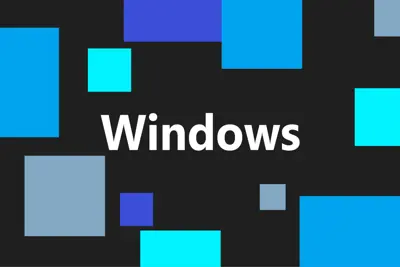Abstrakt bild med ordet "Windows" i vitt mot en svart bakgrund med färgade fyrkanter.