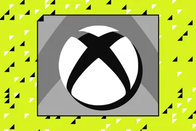 En stiliserad bild av Xbox-logotypen mot en gul bakgrund med trianglar.